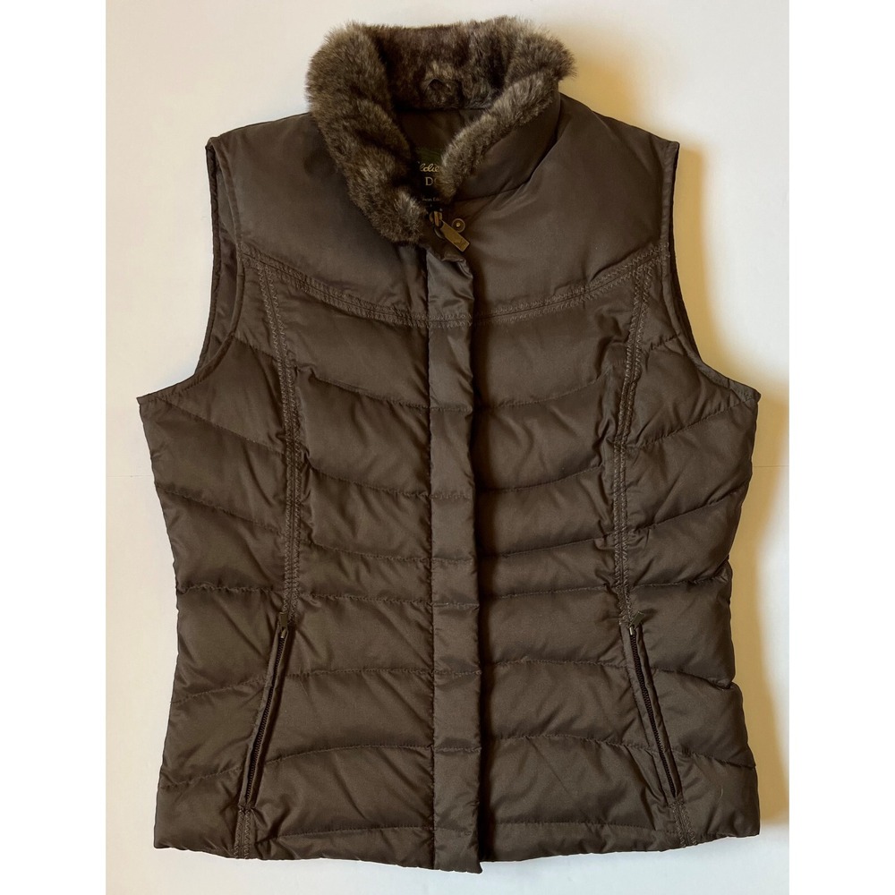 EDDIE BAUER - Women Brown Down Quilted Insulated Fur Collar Puffer Vest - Medium